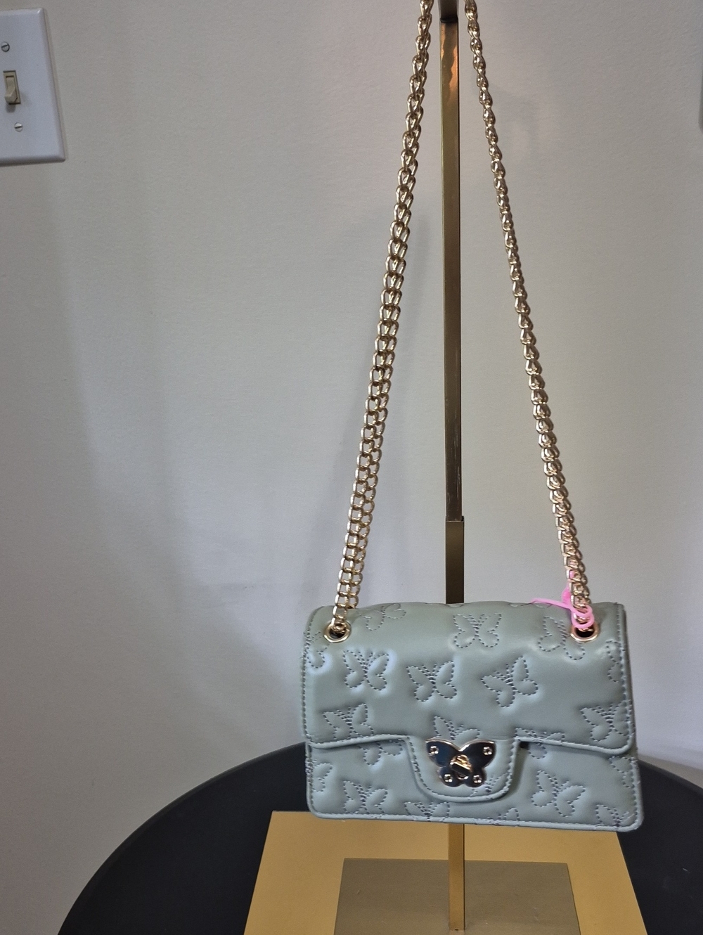 Butterfly-Embossed Crossbody Bag in Sage Green with Gold Chain